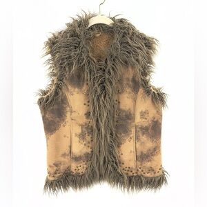MontanaCo Faux Leather Vest Womens Medium Shaggy Fur Sherpa Studded Western Boho